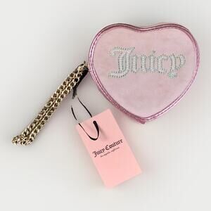 NEW JUICY COUTURE Pink Velour Metallic Heart Wallet Chain WRISTLET Coquette Goth
